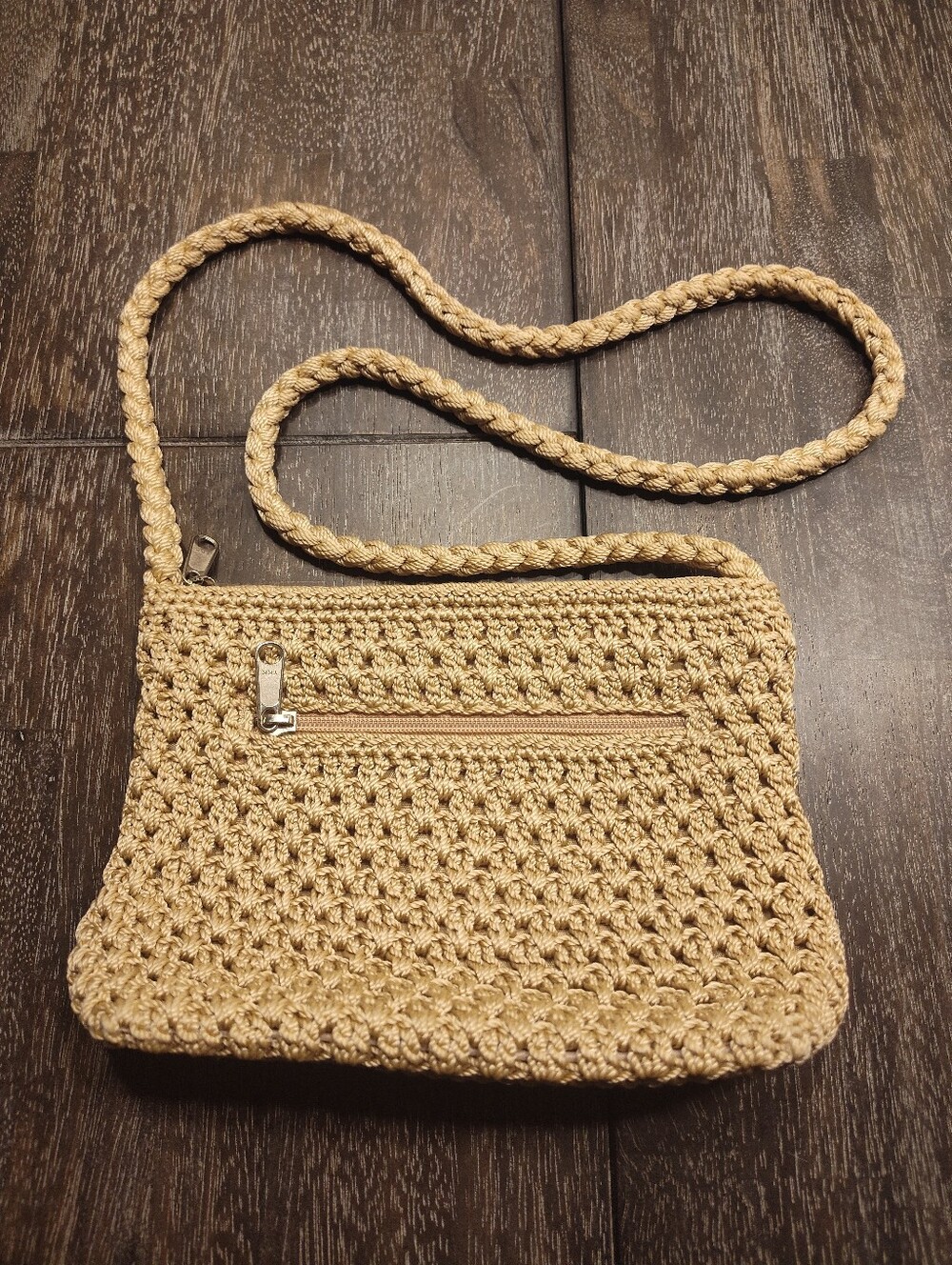 Lina Crocheted Tan Purse Crossbody Zippered Pockets Boho Y2K 9.25x6.5x3 inches